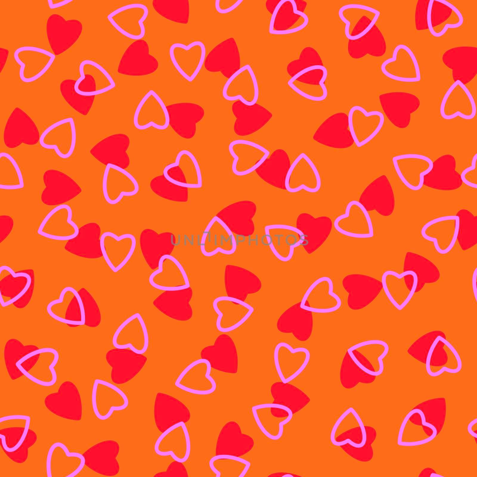 Simple hearts seamless pattern,endless chaotic texture made of tiny heart silhouettes.Valentines,mothers day background.Great for Easter,wedding,scrapbook,gift wrapping paper,textiles.Red,pink,orange.