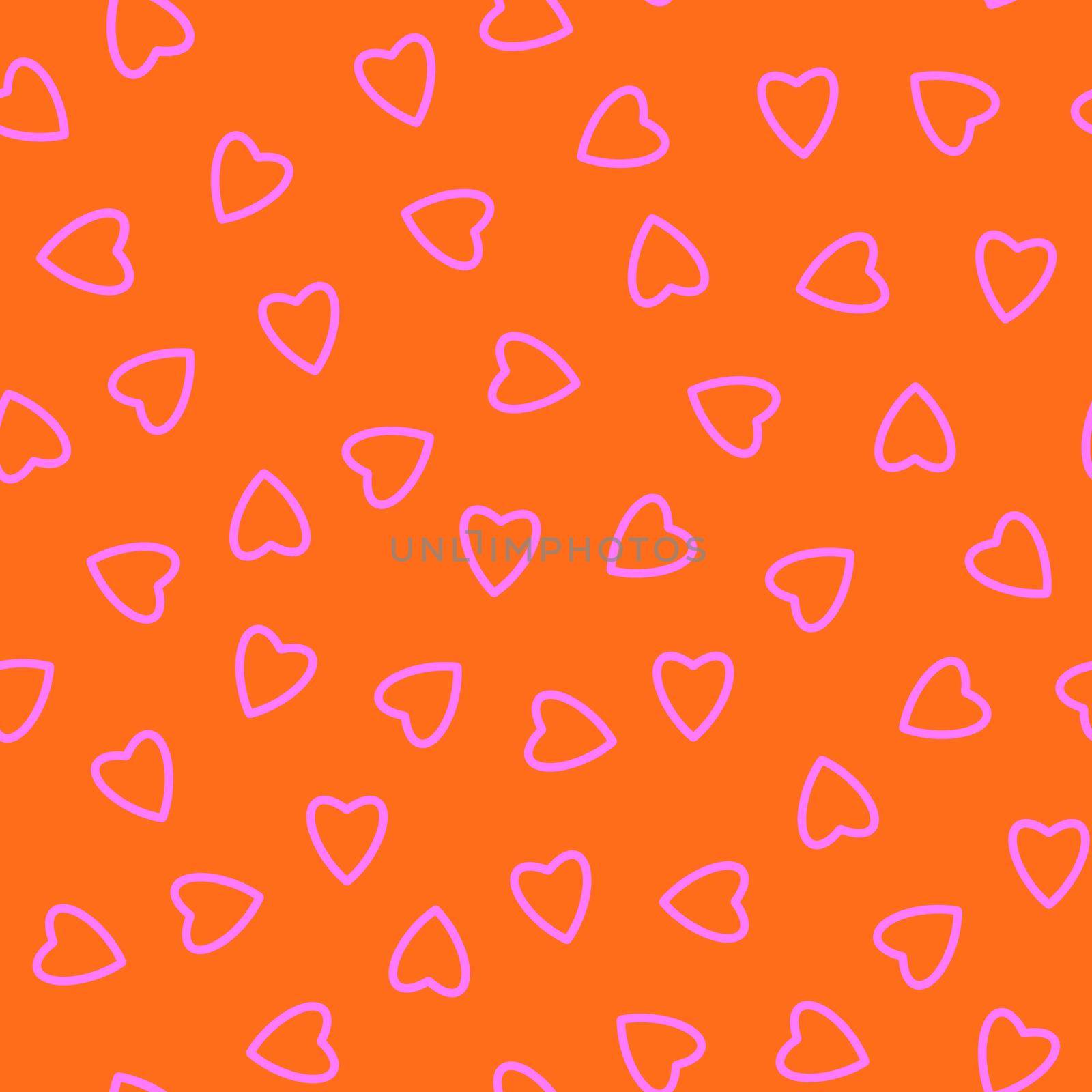 Simple hearts seamless pattern,endless chaotic texture made of tiny heart silhouettes.Valentines,mothers day background.Great for Easter,wedding,scrapbook,gift wrapping paper,textiles.Pink on orange.