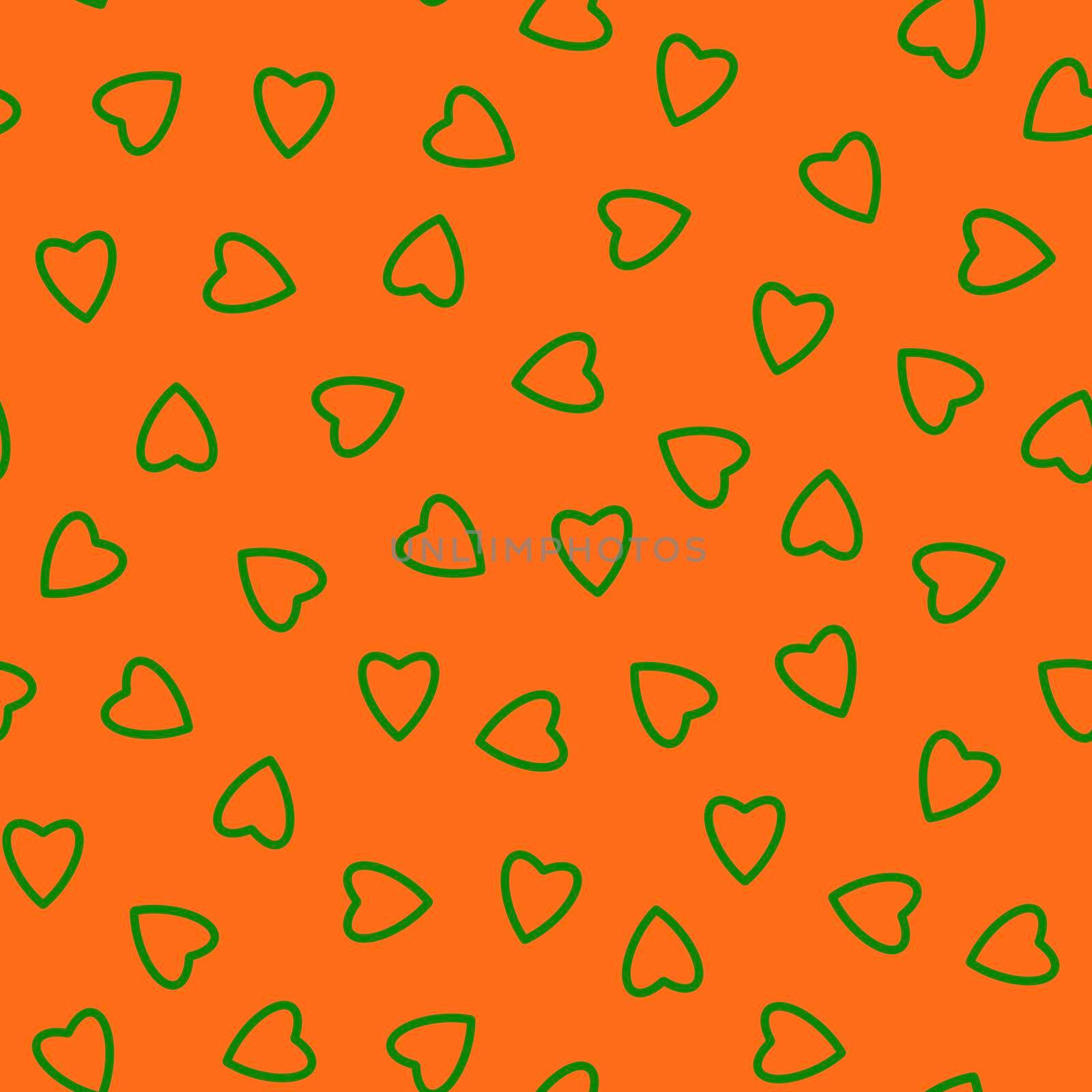 Simple hearts seamless pattern,endless chaotic texture made of tiny heart silhouettes.Valentines,mothers day background.Great for Easter,wedding,scrapbook,gift wrapping paper,textiles.Green on orange.