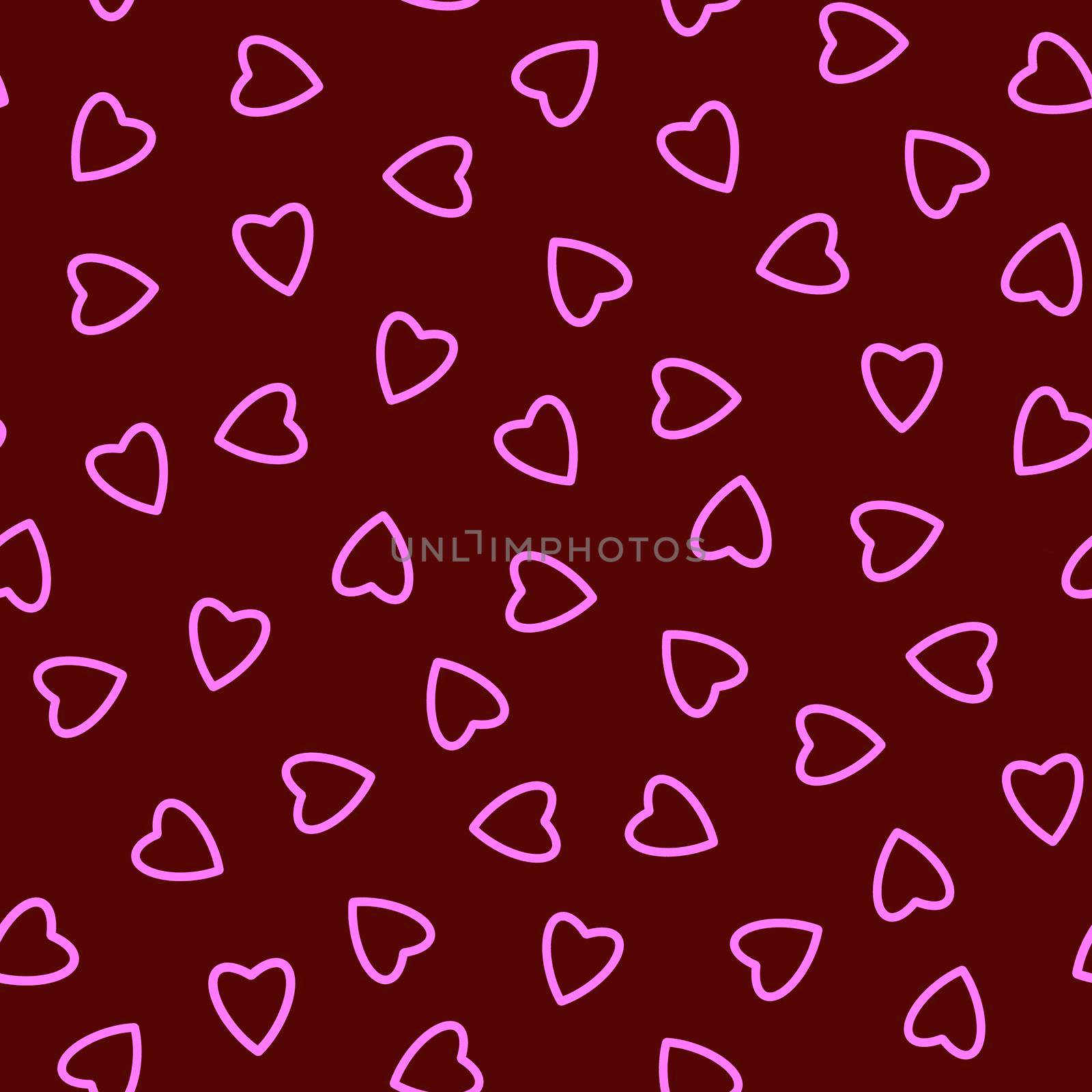 Simple hearts seamless pattern,endless chaotic texture made of tiny heart silhouettes.Valentines,mothers day background.Great for Easter,wedding,scrapbook,gift wrapping paper,textile.Pink on burgundy.