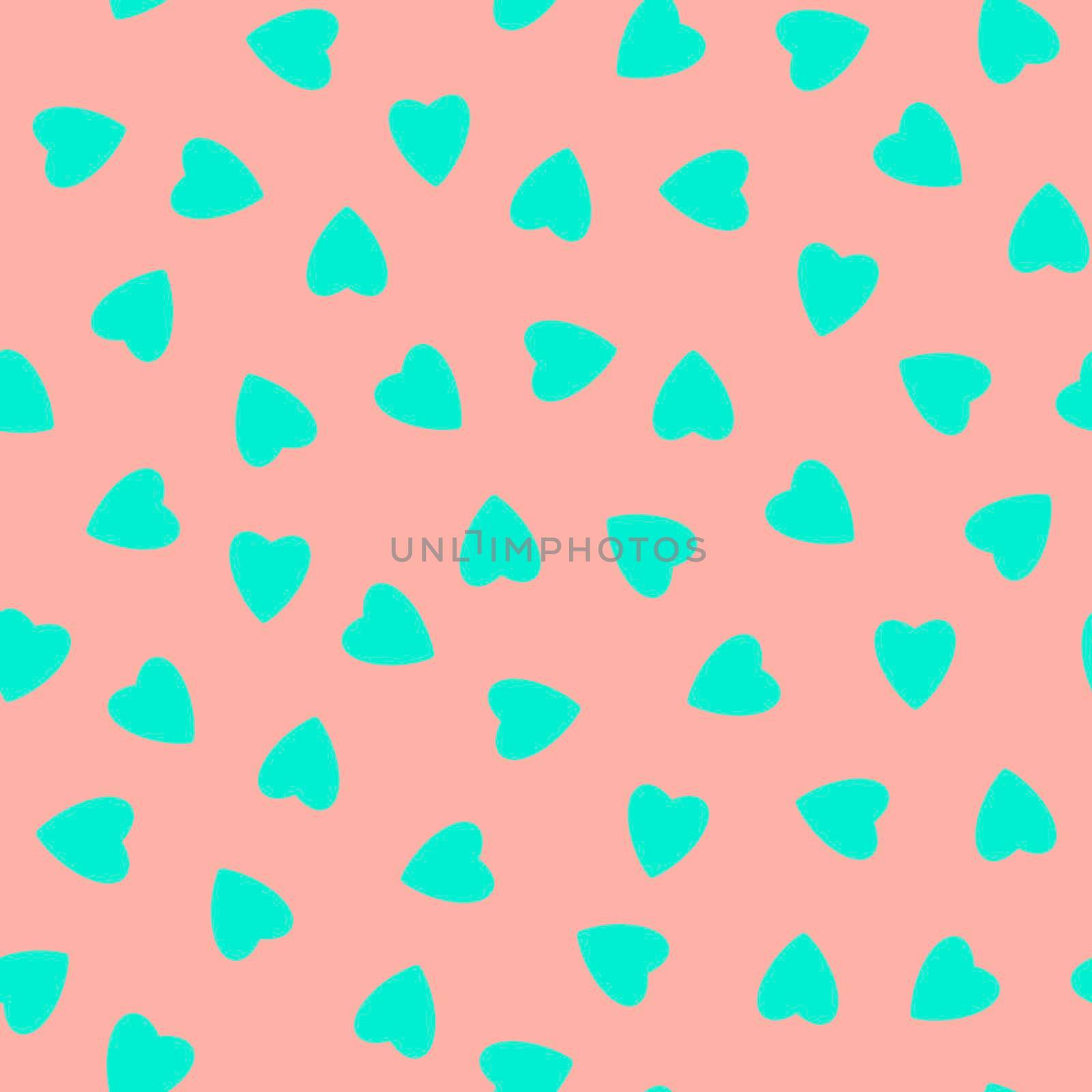 Simple hearts seamless pattern,endless chaotic texture made of tiny heart silhouettes.Valentines,mothers day background.Great for Easter,wedding,scrapbook,gift wrapping paper,textiles.Azure on pink.