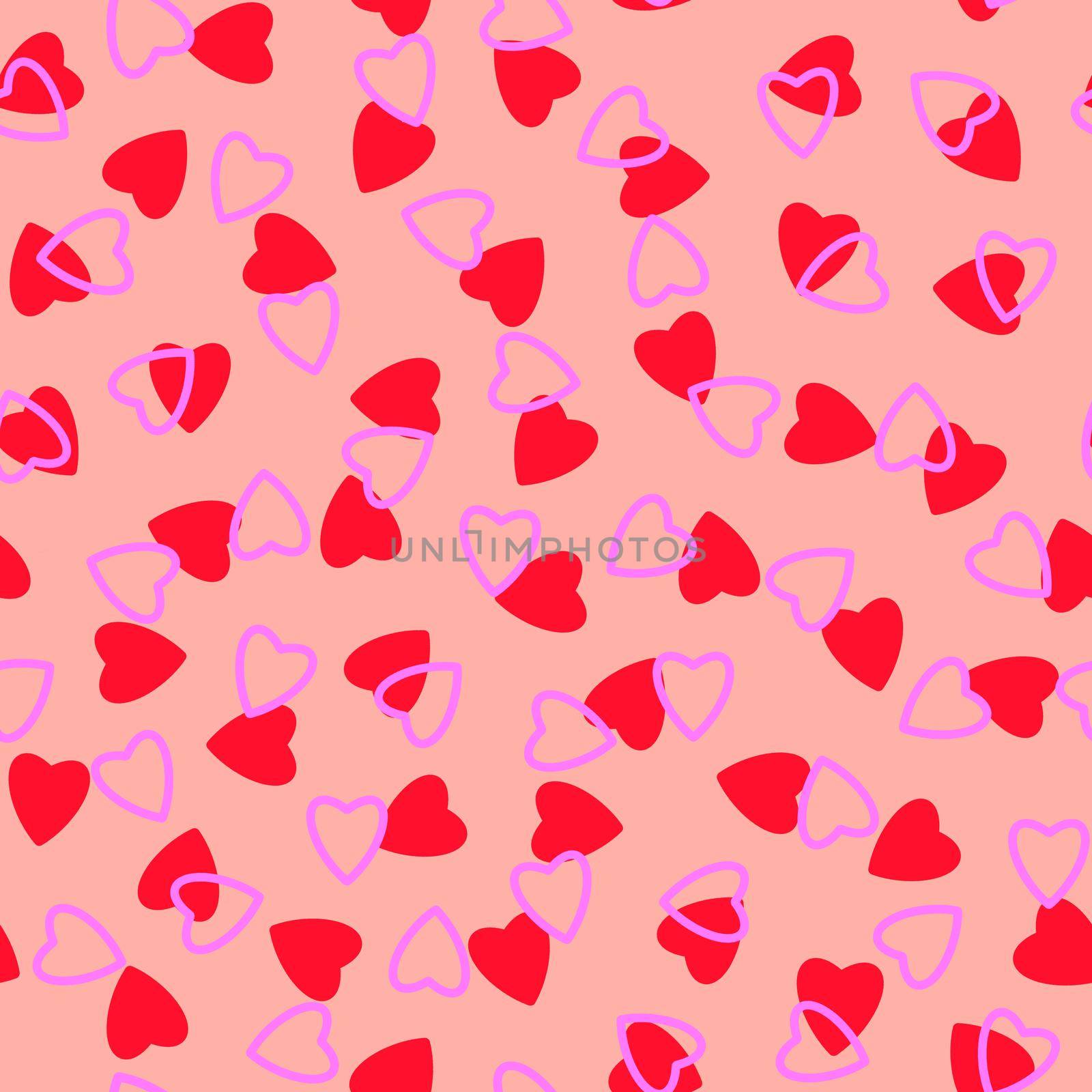 Simple hearts seamless pattern,endless chaotic texture made of tiny heart silhouettes.Valentines,mothers day background.Great for Easter,wedding,scrapbook,gift wrapping paper,textiles.Red,lilac,pink by Angelsmoon