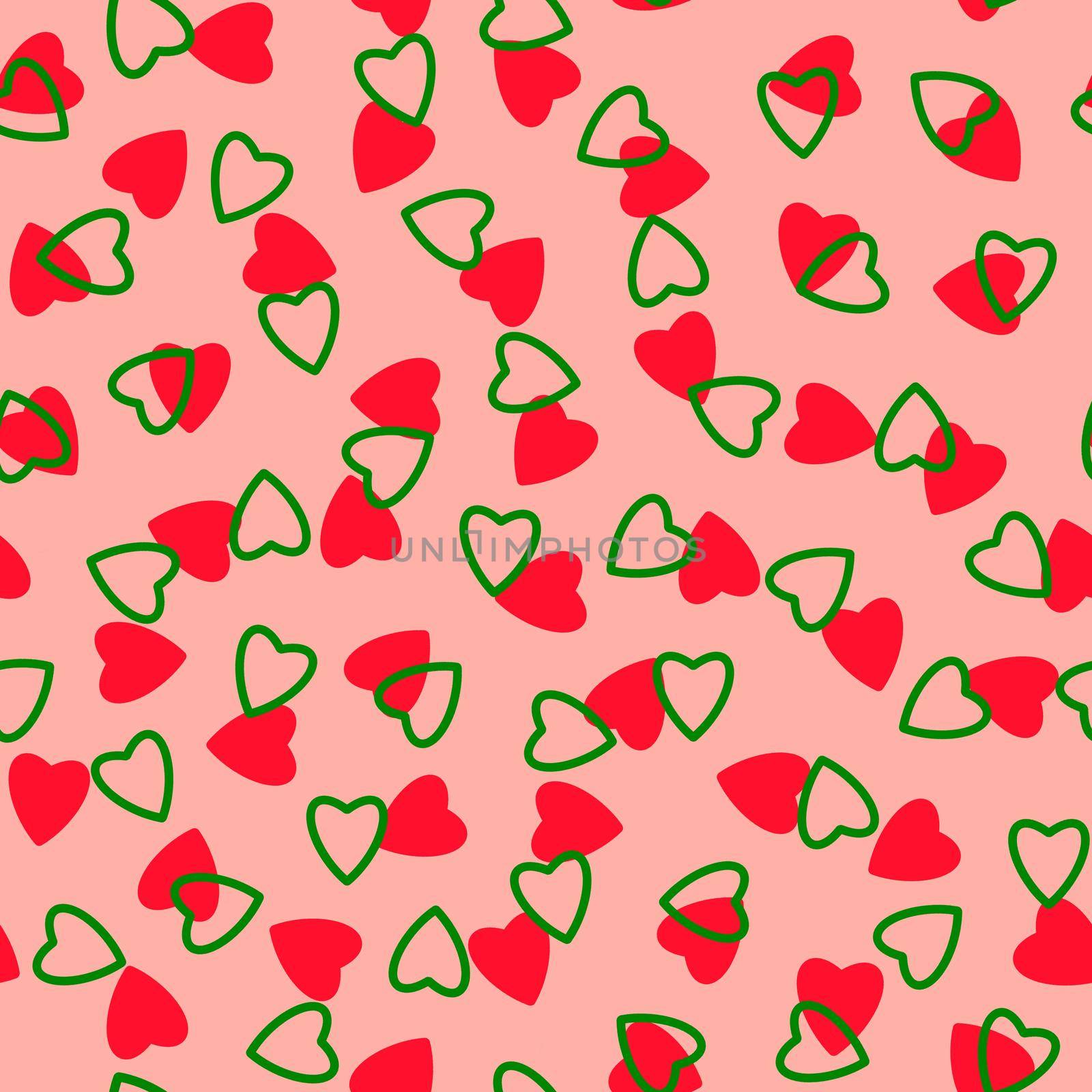 Simple hearts seamless pattern,endless chaotic texture made of tiny heart silhouettes.Valentines,mothers day background.Great for Easter,wedding,scrapbook,gift wrapping paper,textiles.Red,green,pink by Angelsmoon