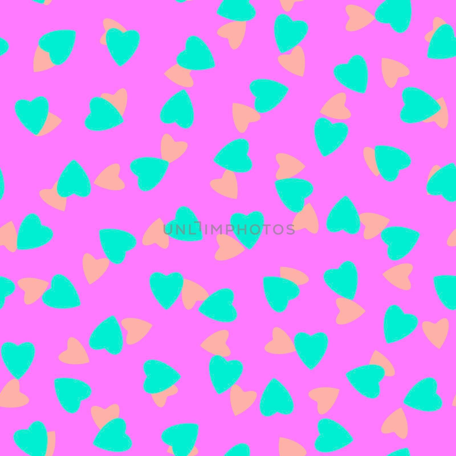 Simple hearts seamless pattern,endless chaotic texture made of tiny heart silhouettes.Valentines,mothers day background.Great for Easter,wedding,scrapbook,gift wrapping paper,textiles.Peach,azure,pink by Angelsmoon