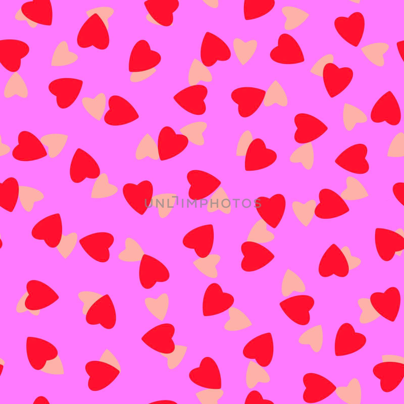 Simple hearts seamless pattern,endless chaotic texture made of tiny heart silhouettes.Valentines,mothers day background.Great for Easter,wedding,scrapbook,gift wrapping paper,textiles.Red,peach,pink.