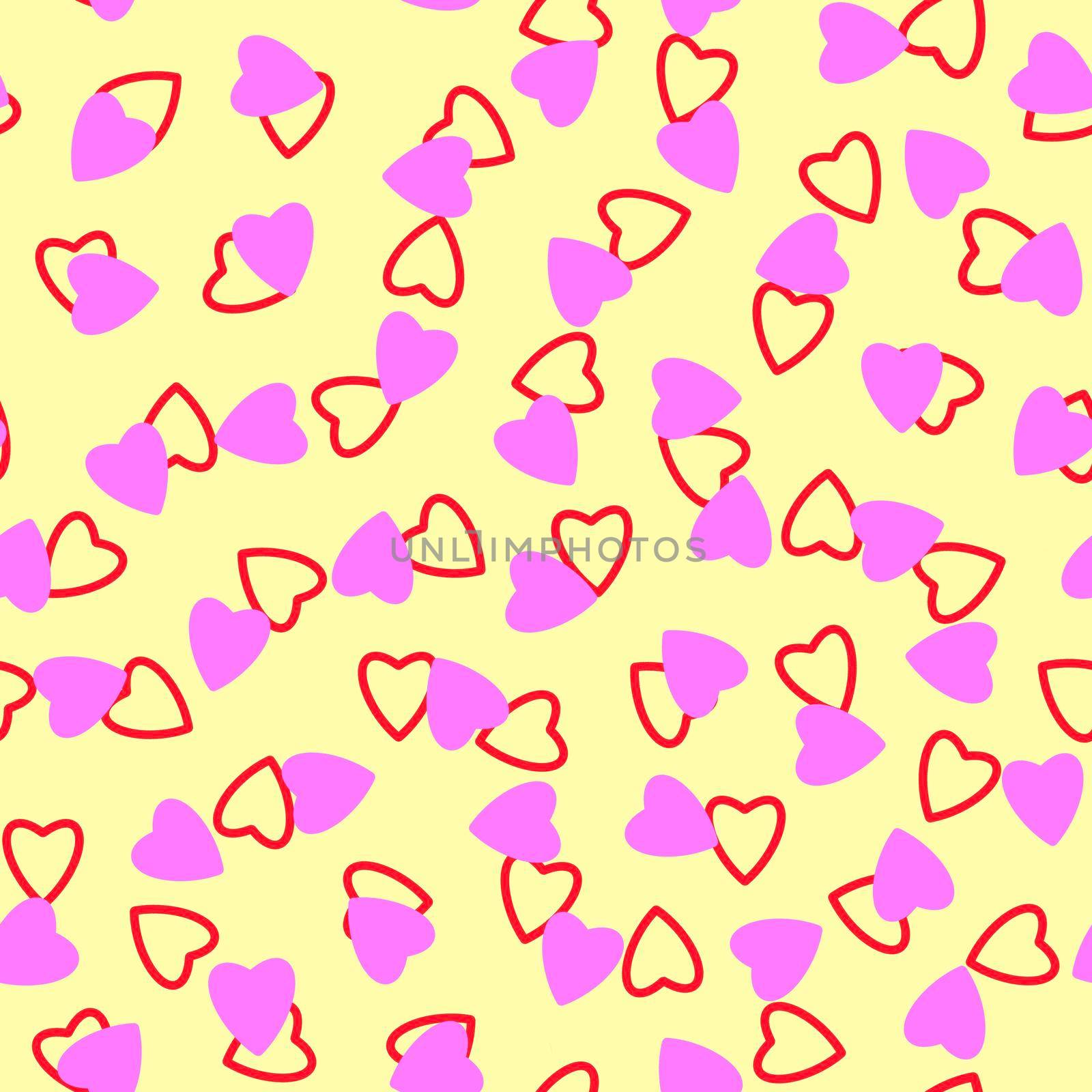 Simple hearts seamless pattern,endless chaotic texture made of tiny heart silhouettes.Valentines,mothers day background.Great for Easter,wedding,scrapbook,gift wrapping paper,textiles.Lilac,red,ivory.
