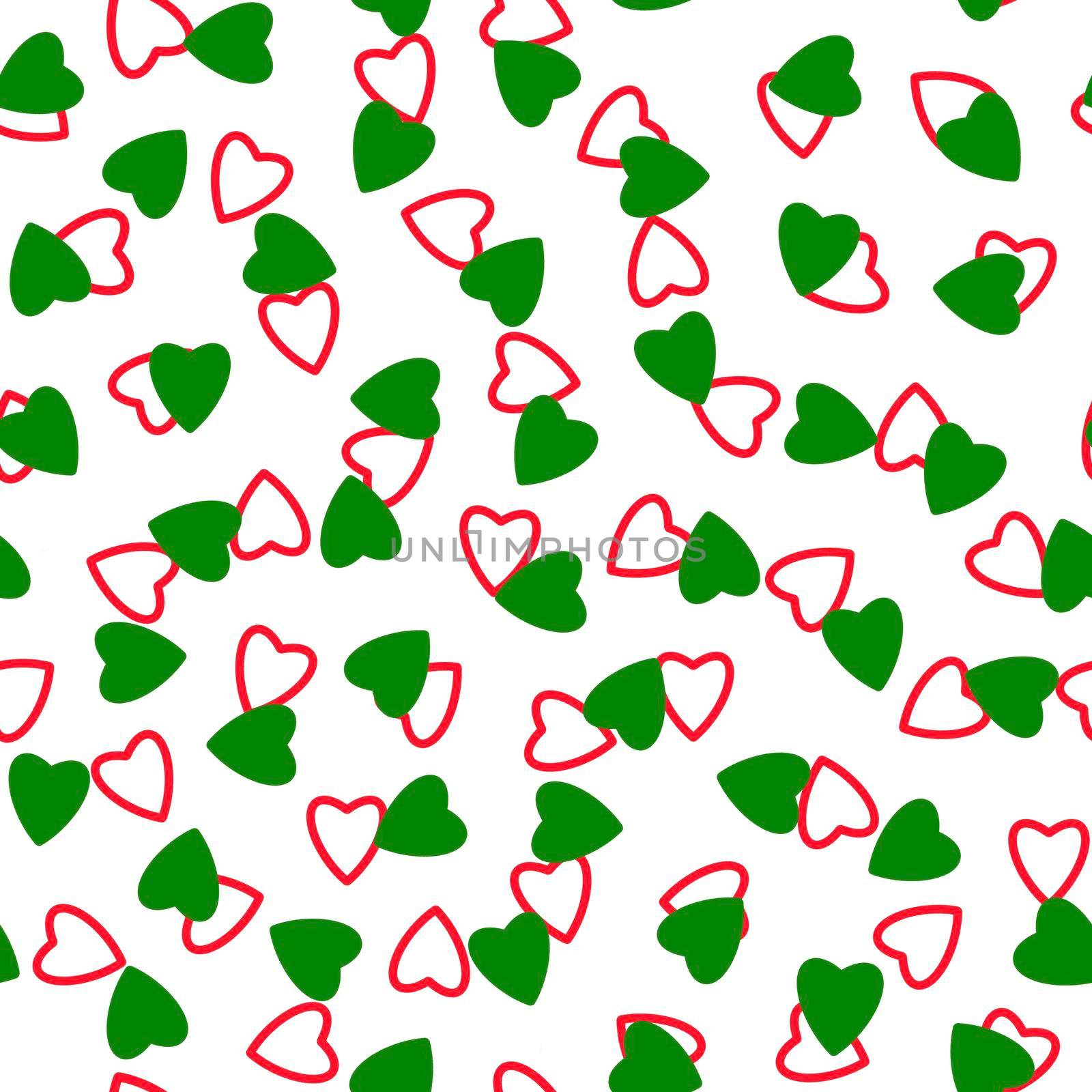 Simple hearts seamless pattern,endless chaotic texture made of tiny heart silhouettes.Valentines,mothers day background.Great for Easter,wedding,scrapbook,gift wrapping paper,textiles.Green,red,white.
