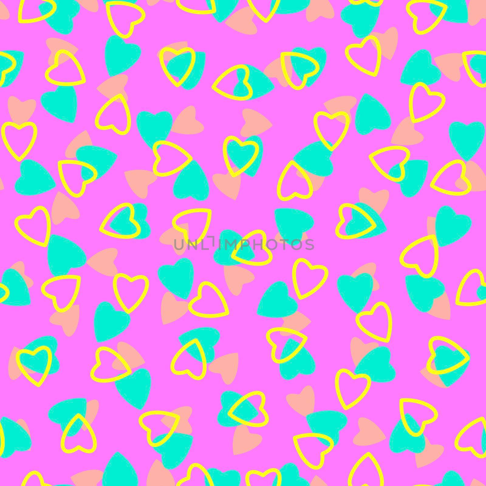 Simple heart seamless pattern,endless chaotic texture made of tiny heart silhouettes.Valentines,mothers day background.Yellow,azure,pink.Great for Easter,wedding,scrapbook,gift wrapping paper,textiles