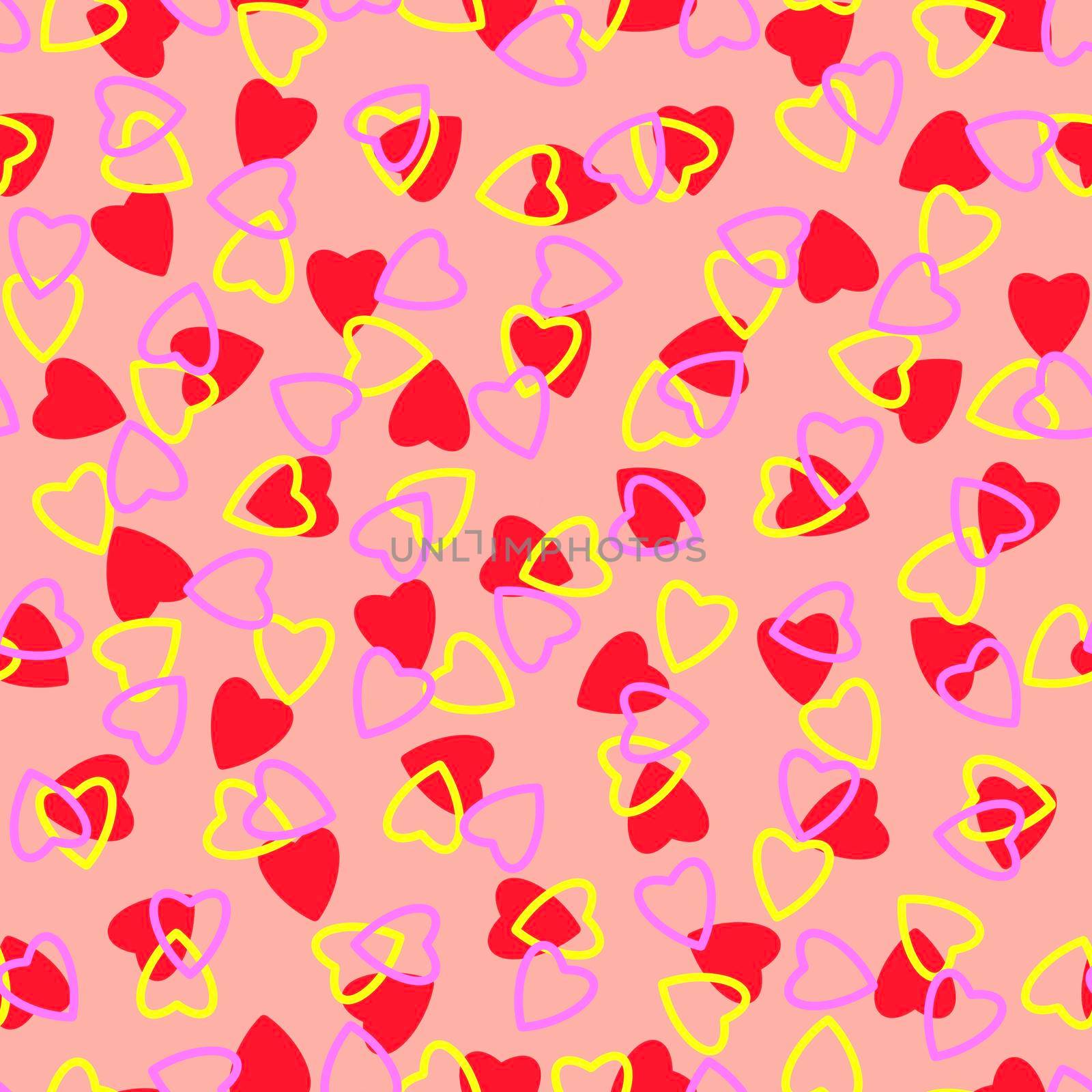 Simple hearts seamless pattern,endless chaotic texture made of tiny heart silhouettes.Valentines,mothers day background.Red,yellow,peach.Great for Easter,wedding,scrapbook,gift wrapping paper,textiles