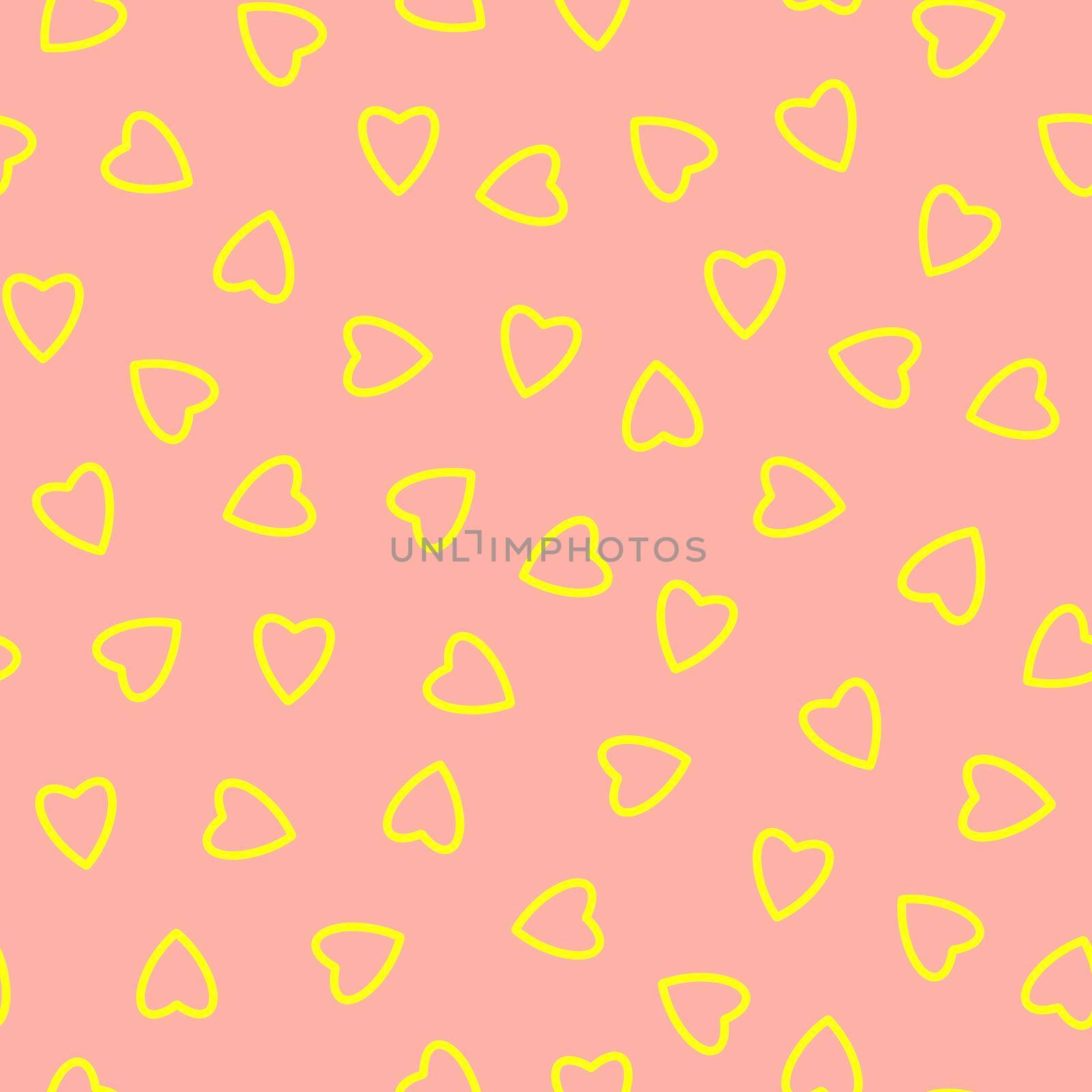 Simple hearts seamless pattern,endless chaotic texture made of tiny heart silhouettes.Valentines,mothers day background.Great for Easter,wedding,scrapbook,gift wrapping paper,textiles.Yellow on peach.