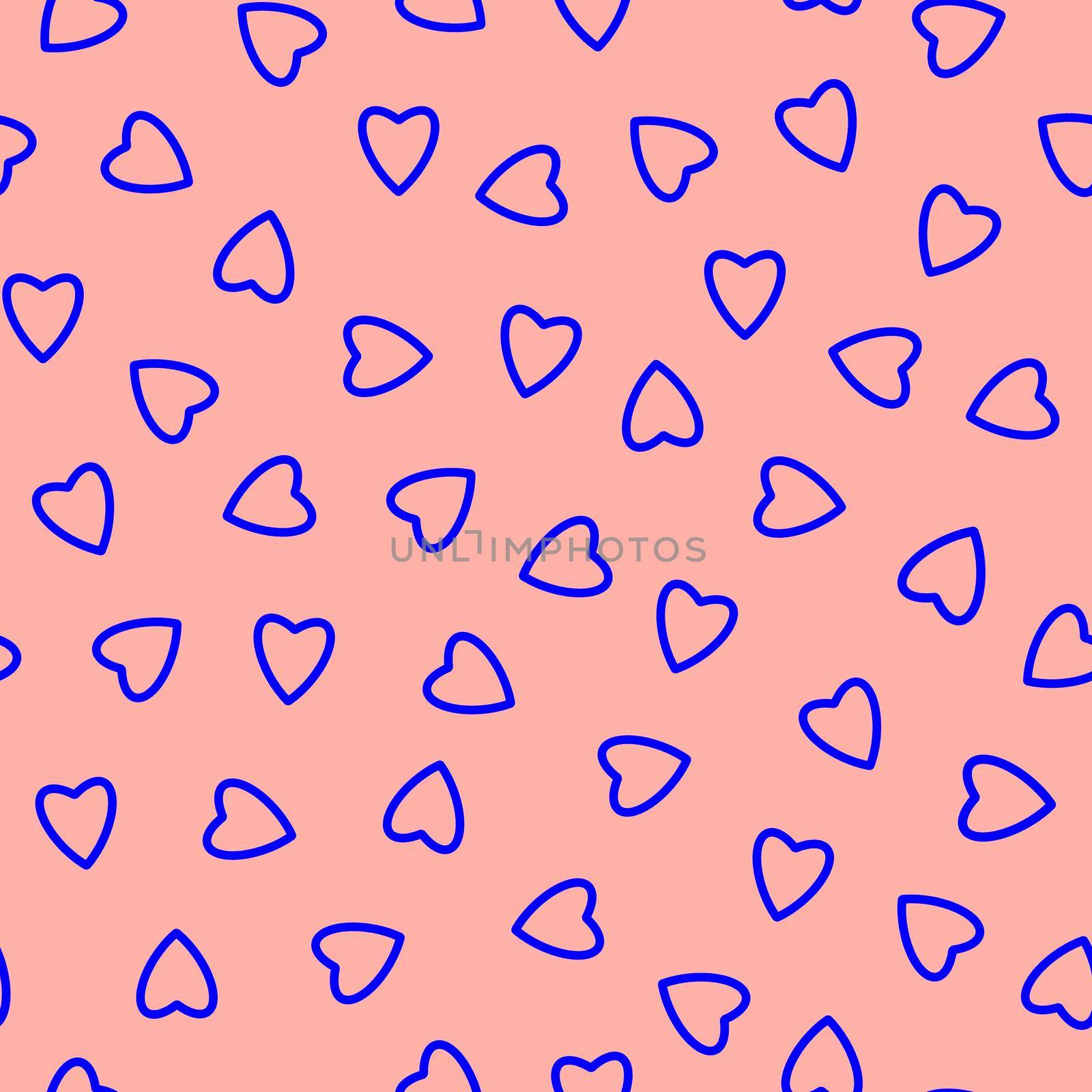 Simple hearts seamless pattern,endless chaotic texture made of tiny heart silhouettes.Valentines,mothers day background.Great for Easter,wedding,scrapbook,gift wrapping paper,textiles.Blue on peach by Angelsmoon