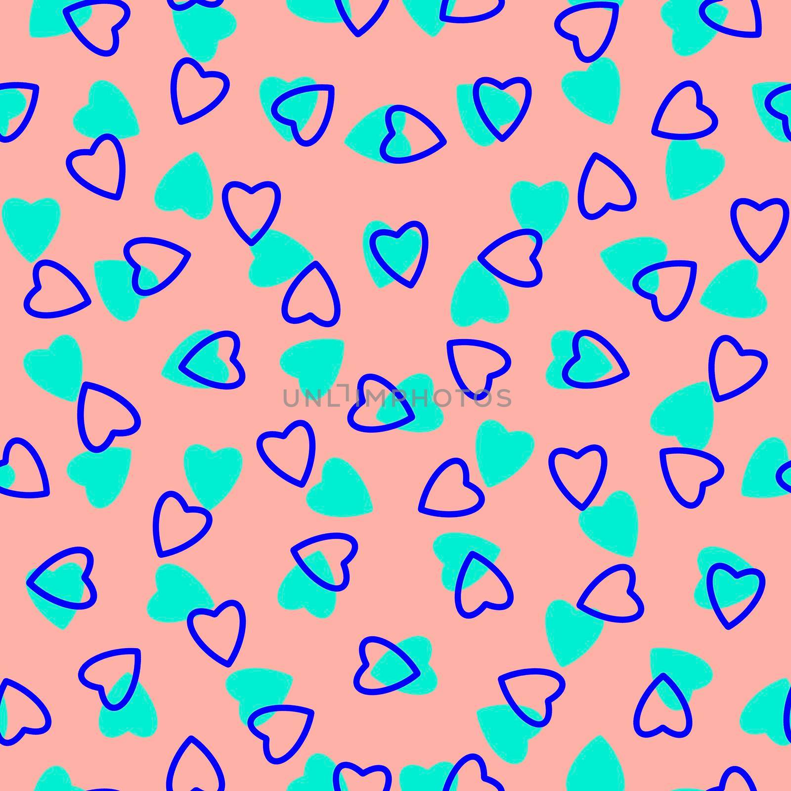 Simple hearts seamless pattern,endless chaotic texture made of tiny heart silhouettes.Valentines,mothers day background.Great for Easter,wedding,scrapbook,gift wrapping paper,textiles.Azure,blue,peach by Angelsmoon