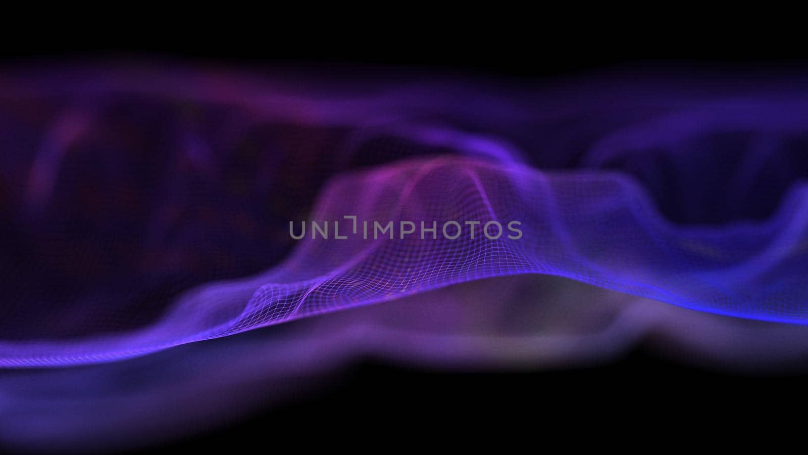 Tech background purple. Network purple technology backdrop. Big data neon background perspective. Cyber technical wave sound. 3d render.