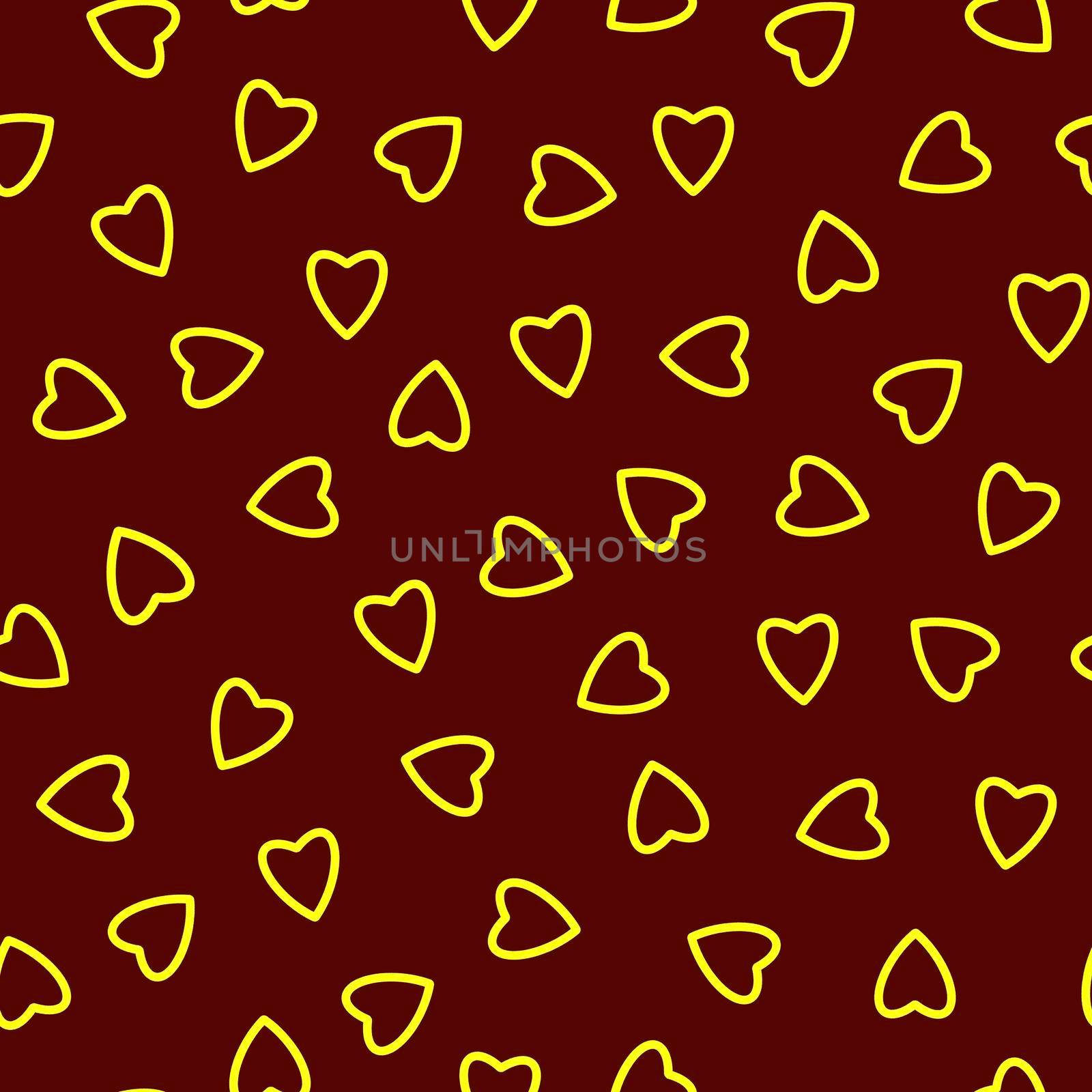 Simple hearts seamless pattern,endless chaotic texture made tiny heart silhouettes.Valentines,mothers day background.Great for Easter,wedding,scrapbook,gift wrapping paper,textiles.Yellow on burgundy.