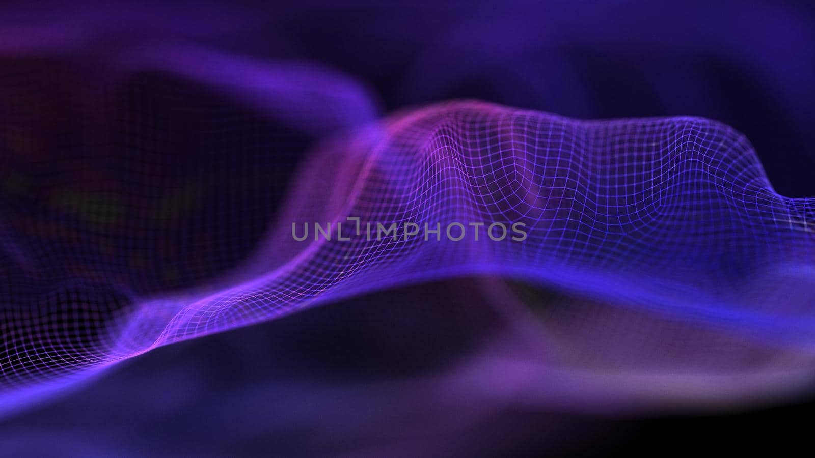 Tech background purple. Network purple technology backdrop. Big data neon background perspective. Cyber technical wave sound. 3d render.