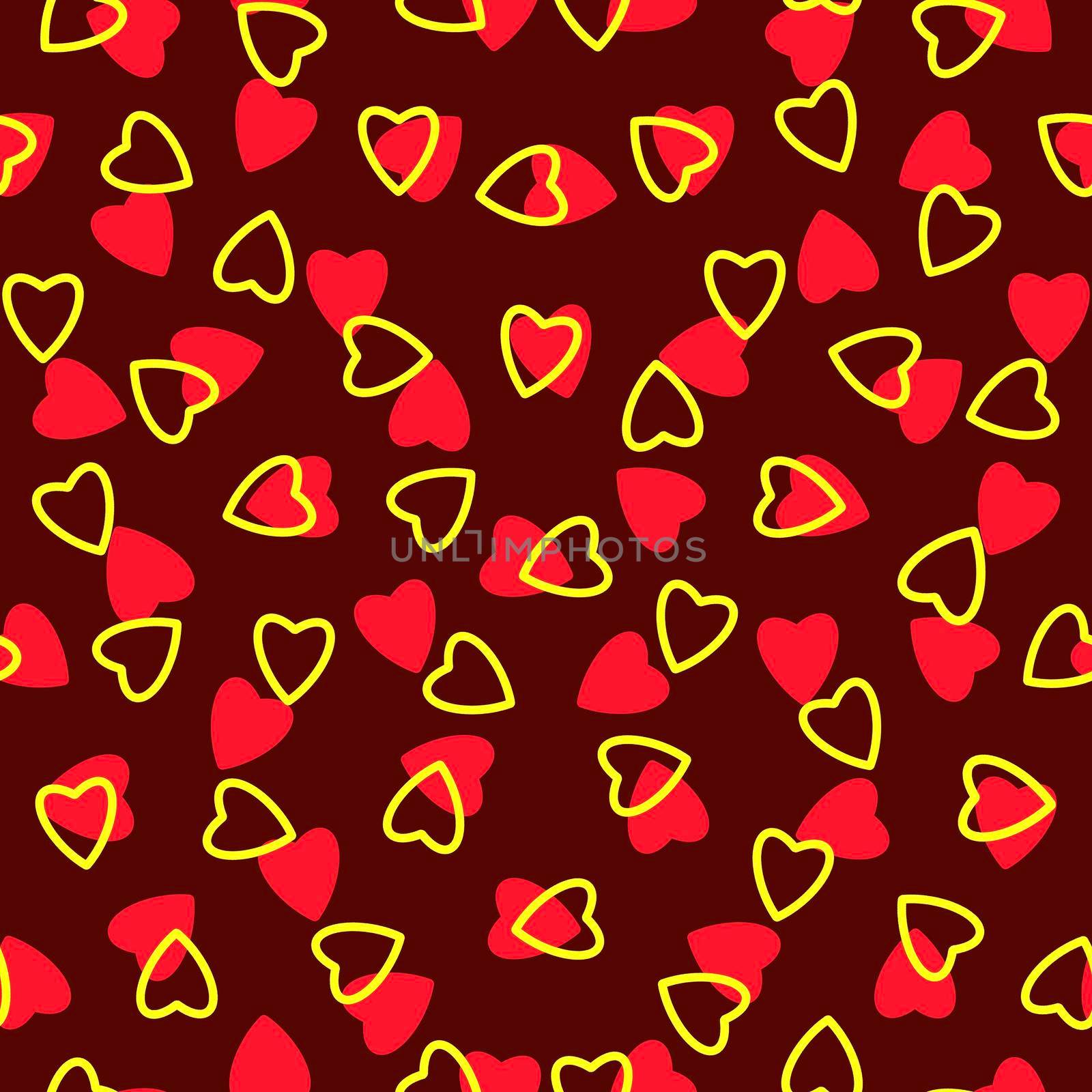 Simple hearts seamless pattern,endless chaotic texture made tiny heart silhouettes.Valentines,mothers day background.Red,yellow,burgundy.Great for Easter,wedding,scrapbook,gift wrapping paper,textiles
