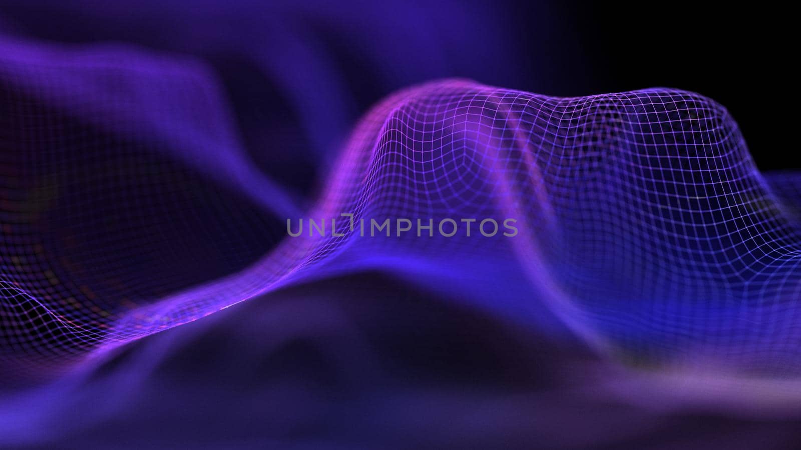 Tech background purple. Network purple technology backdrop. Big data neon background perspective. Cyber technical wave sound. 3d render.