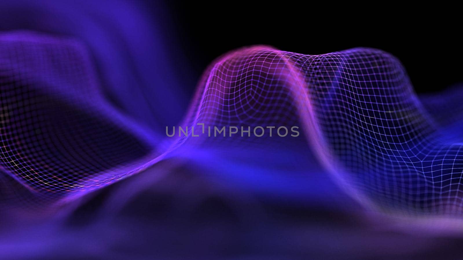 Tech background purple. Network purple technology backdrop. Big data neon background perspective. Cyber technical wave sound. 3d render.