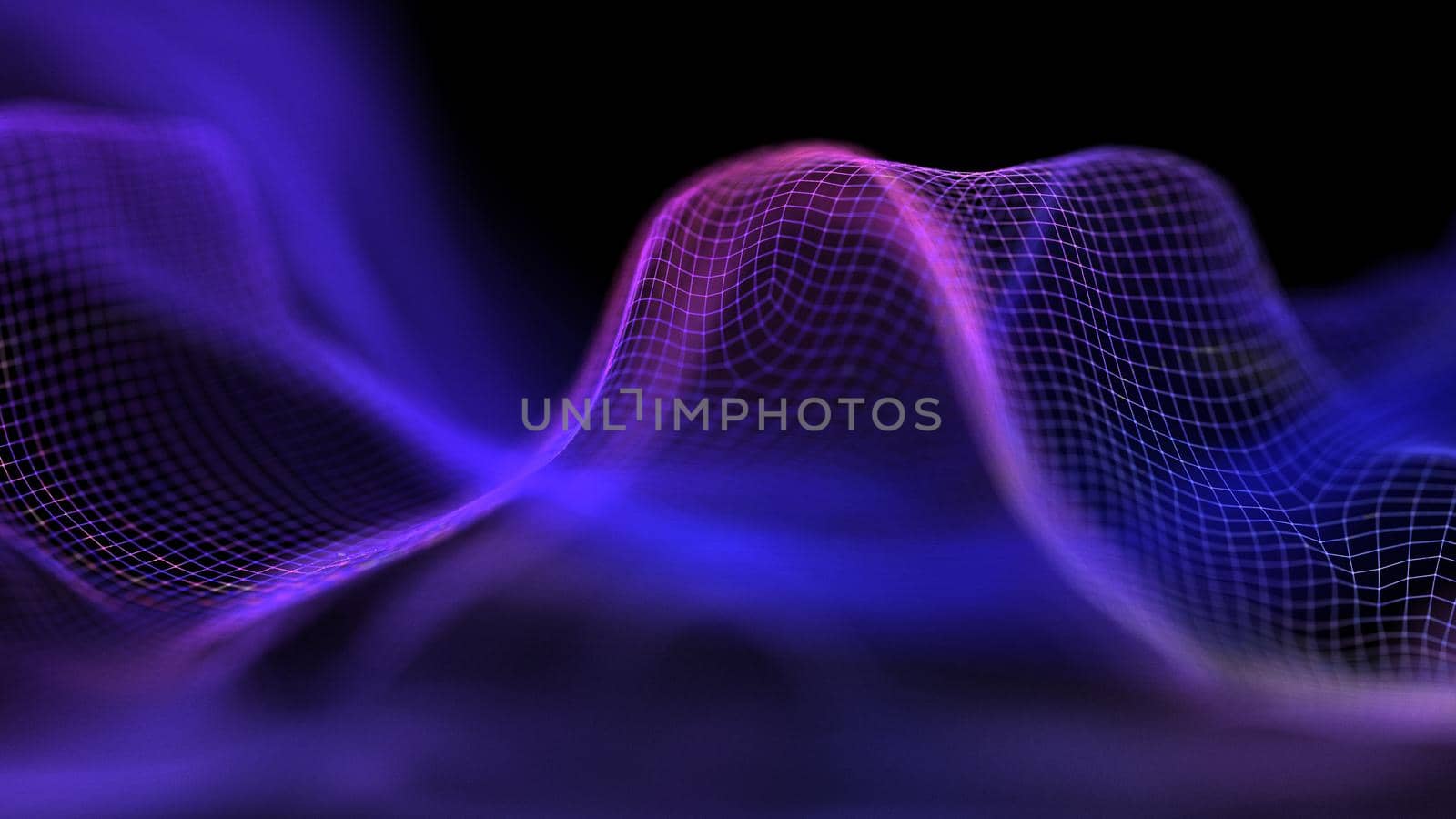 Tech background purple. Network purple technology backdrop. Big data neon background perspective. Cyber technical wave sound. 3d render.