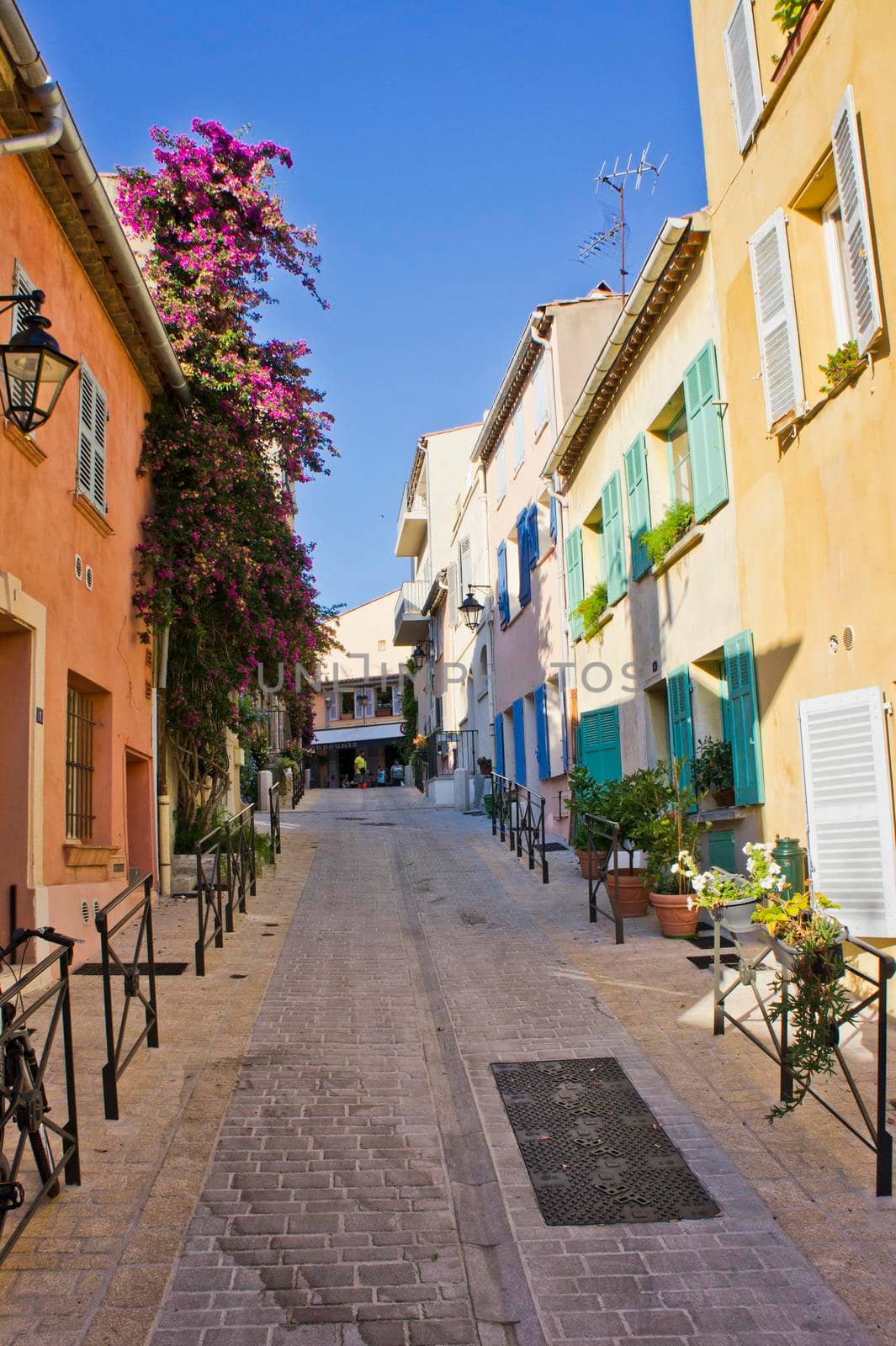 Saint Tropez, Old city street view with colorful houses, Côte d'Azur. France, Europe