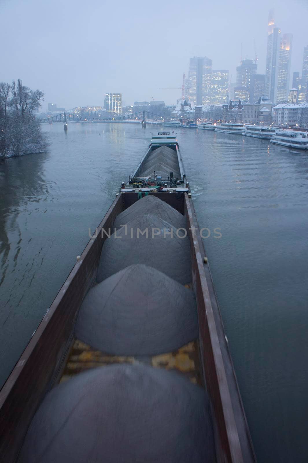 Frankfurt, Snowy day city view by the river Rhein, Germany, Europe