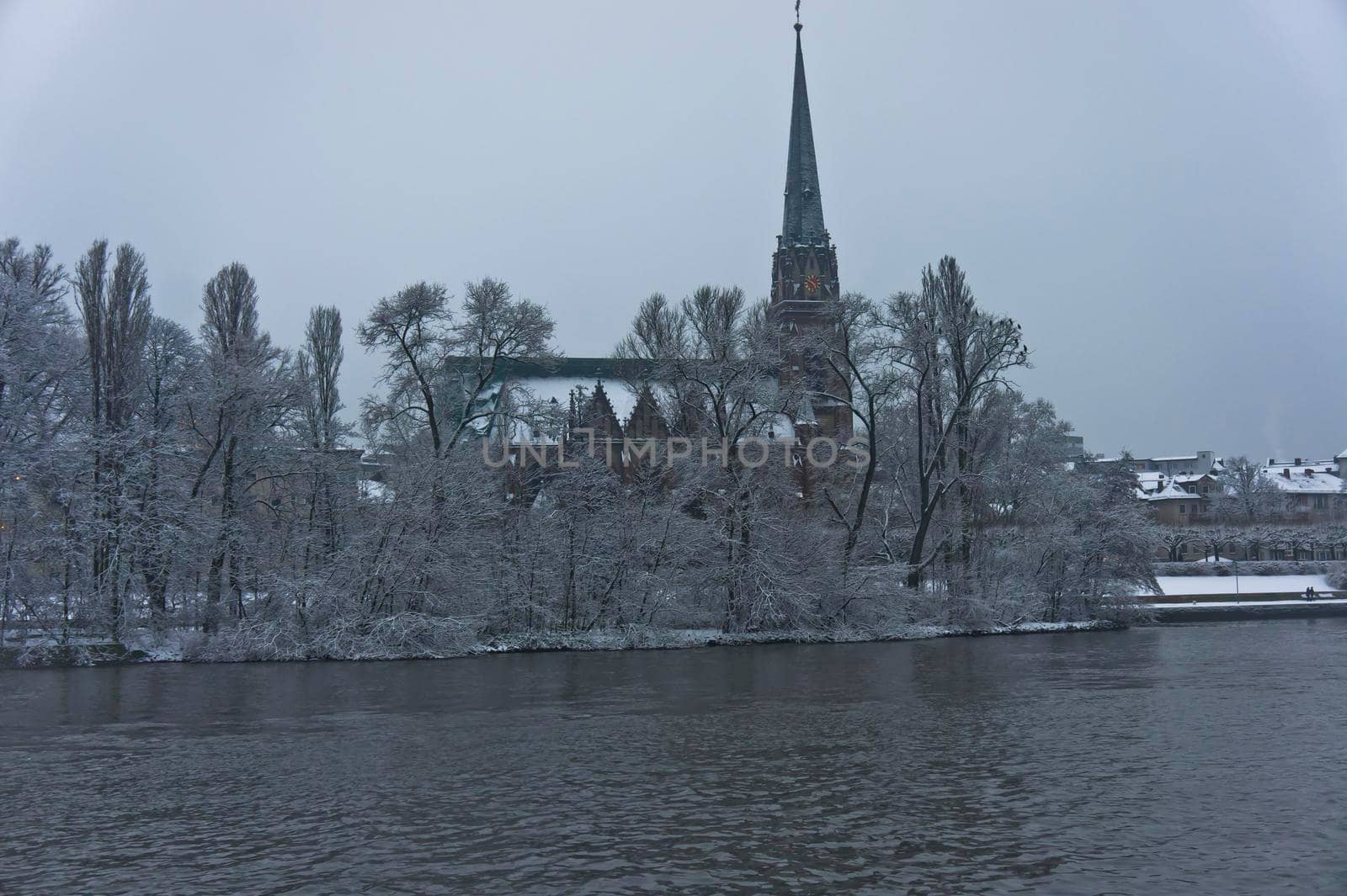 Frankfurt, Snowy day city view by the river Rhein, Germany, Europe