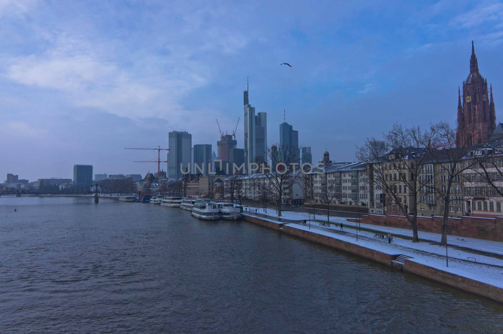 Frankfurt, Snowy day city view by the river Rhein, Germany, Europe by giannakisphoto