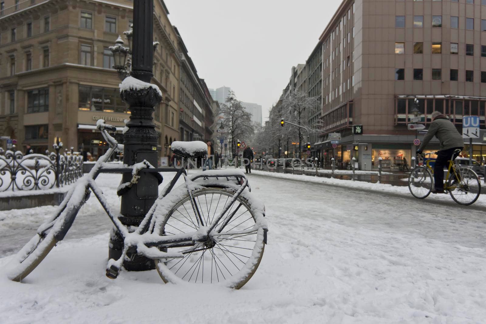 Frankfurt, Snowy day old city view, Snowy Bicycle, Germany, Europe by giannakisphoto