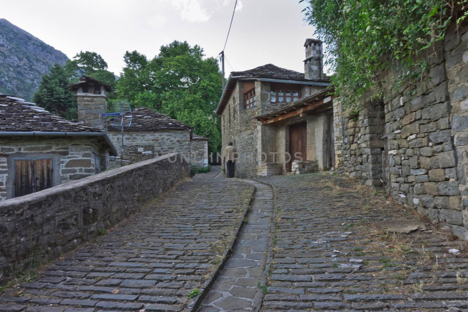 Tsepelovo Epirus, Old stone village street view, Greece, Europe by giannakisphoto
