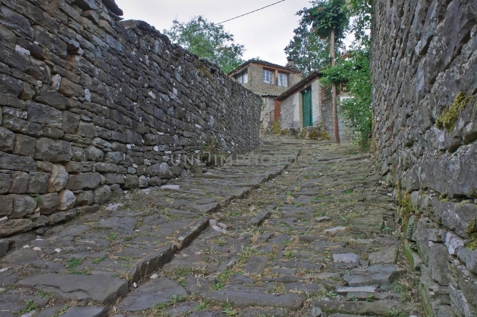 Tsepelovo Epirus, Old stone village street view, Greece, Europe