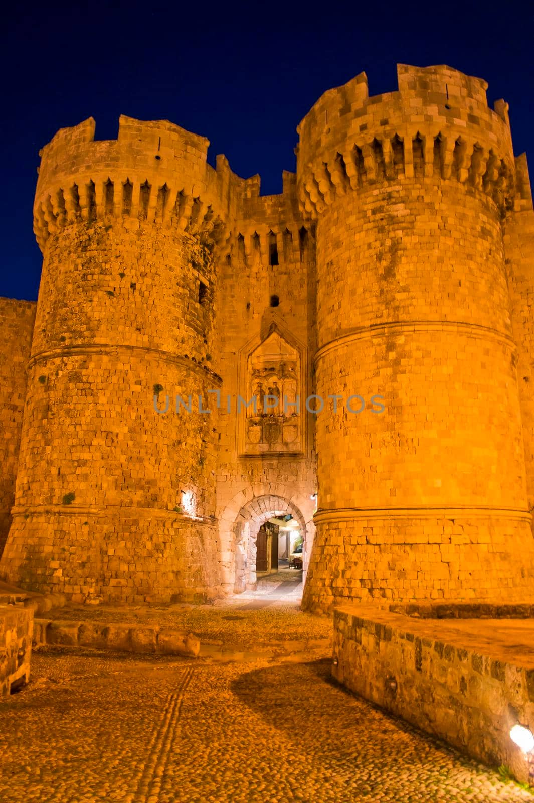 Rhodes Island, Old city street view by night, Castle Gate, Greece, Europe