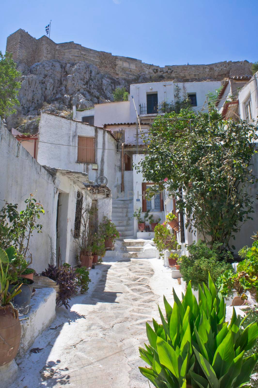 Athens Plaka Anafiotika, Old city street view with small traditional houses, Greece, Europe