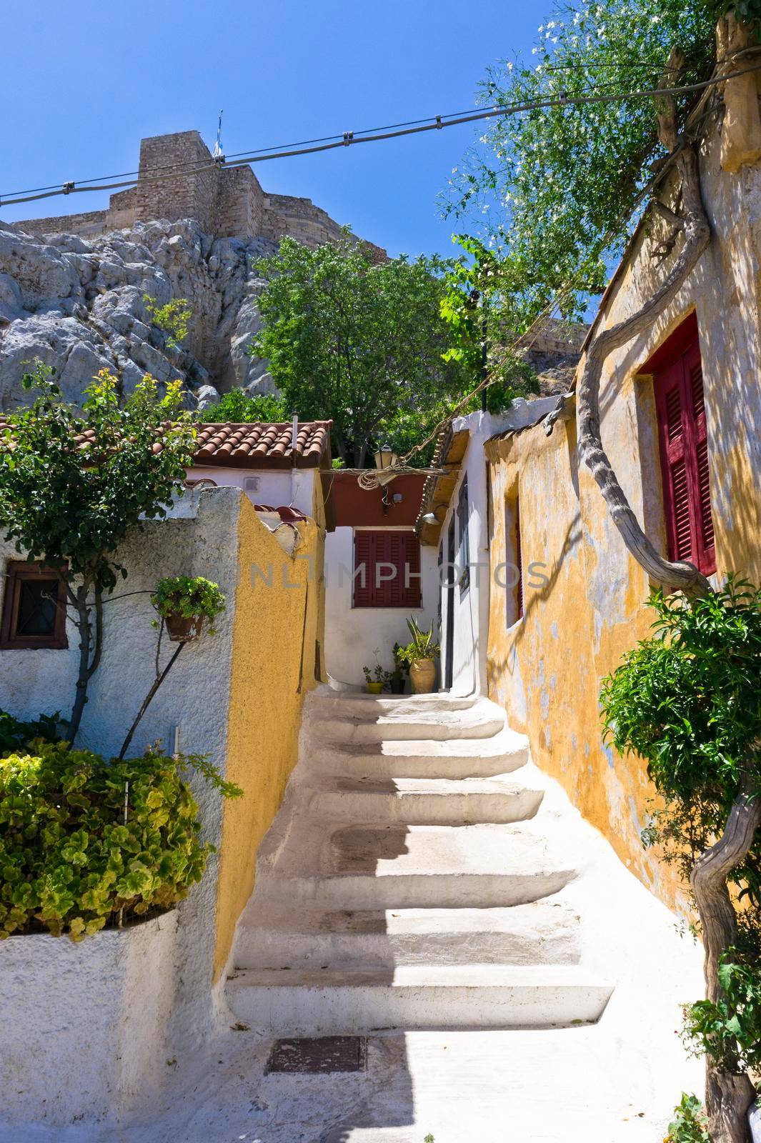 Athens Plaka Anafiotika, Old city street view with small traditional houses, Greece, Europe by giannakisphoto