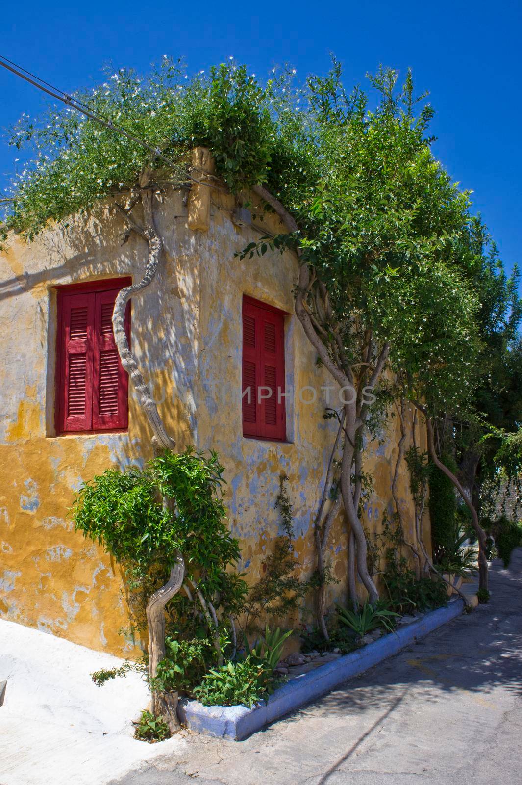 Athens Plaka Anafiotika, Old city street view with small traditional houses, Greece, Europe