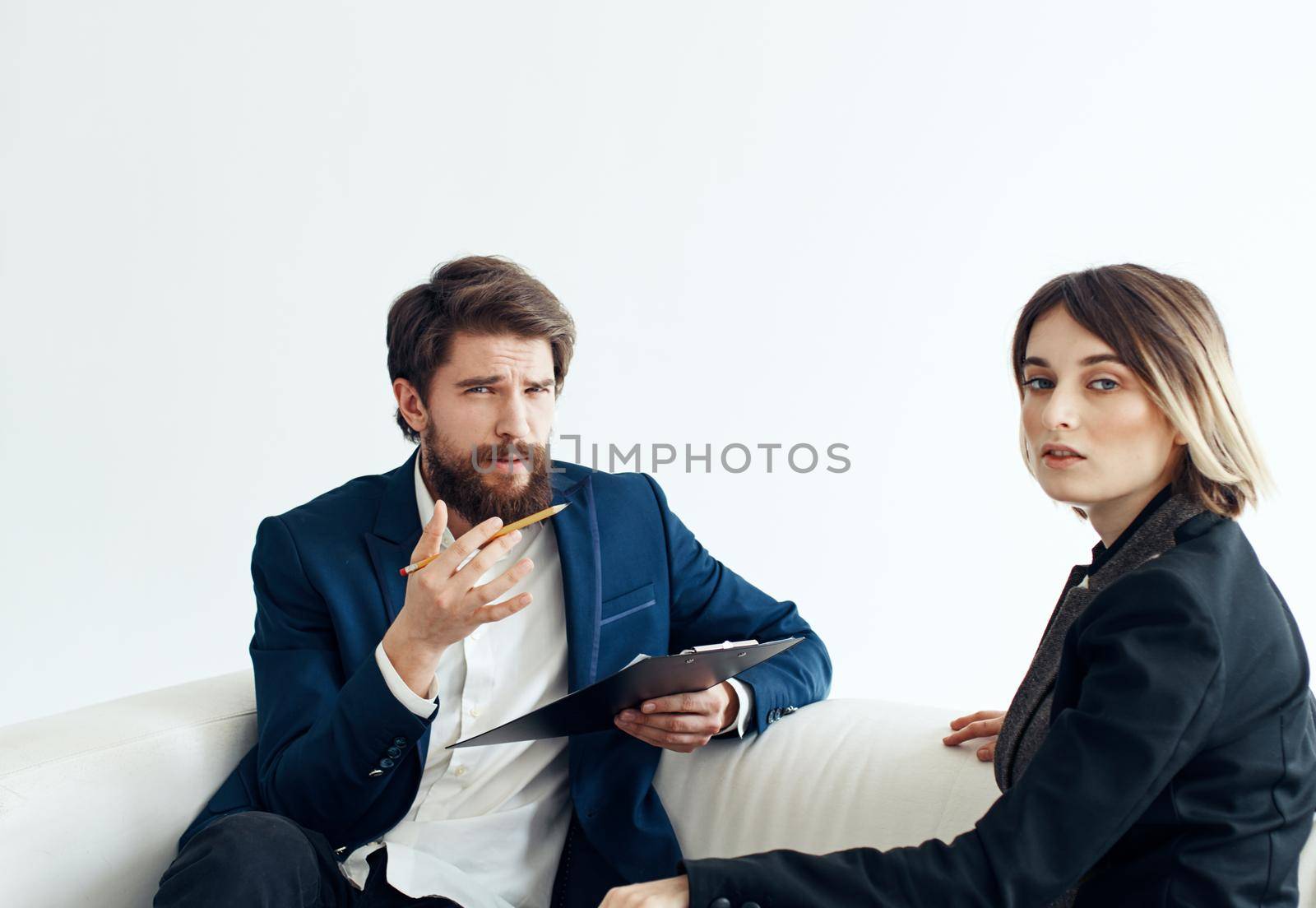 Woman for job interview and business man with documents of employee communication. High quality photo