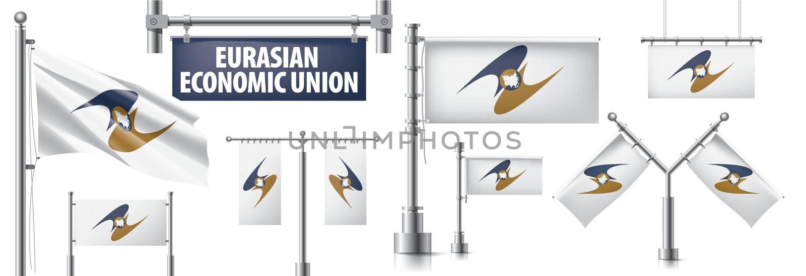 Vector set of the national flag of Eurasian Economic Union in various creative designs.