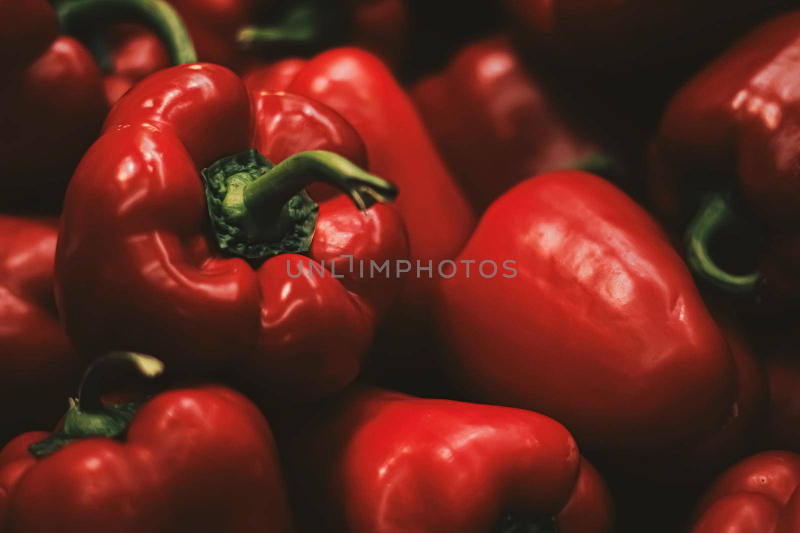 Red bell peppers on farmers market, organic food and agriculture concept