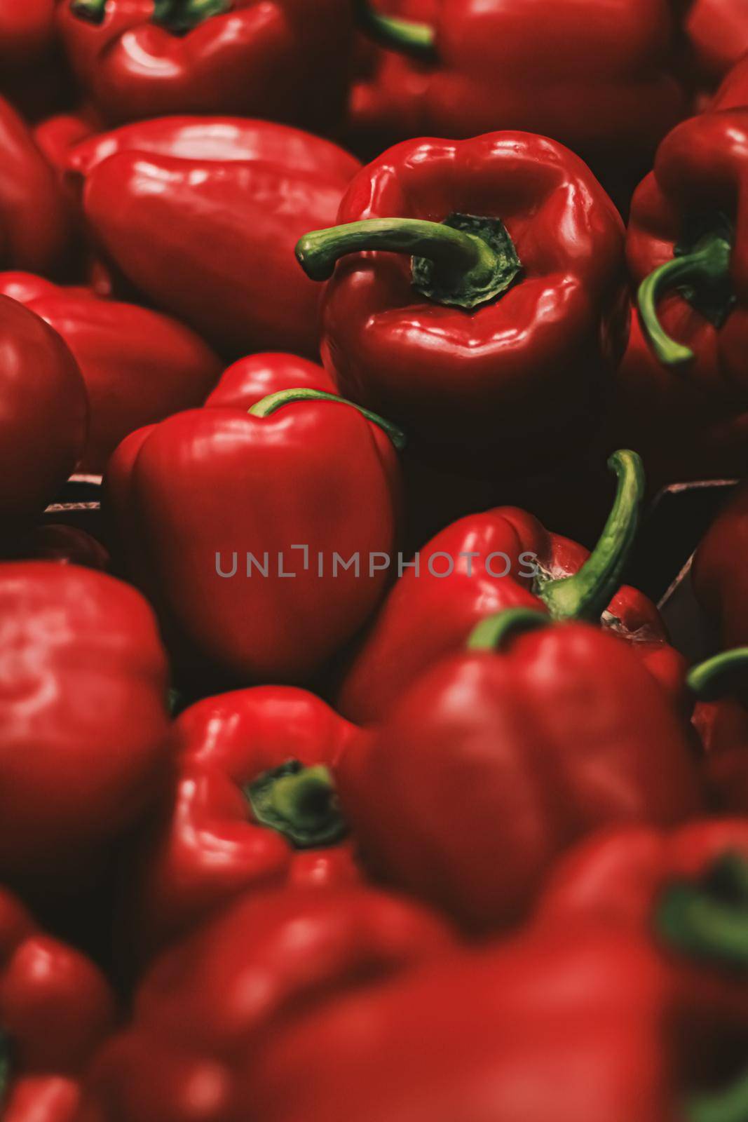 Red bell peppers on farmers market, organic food and agriculture concept