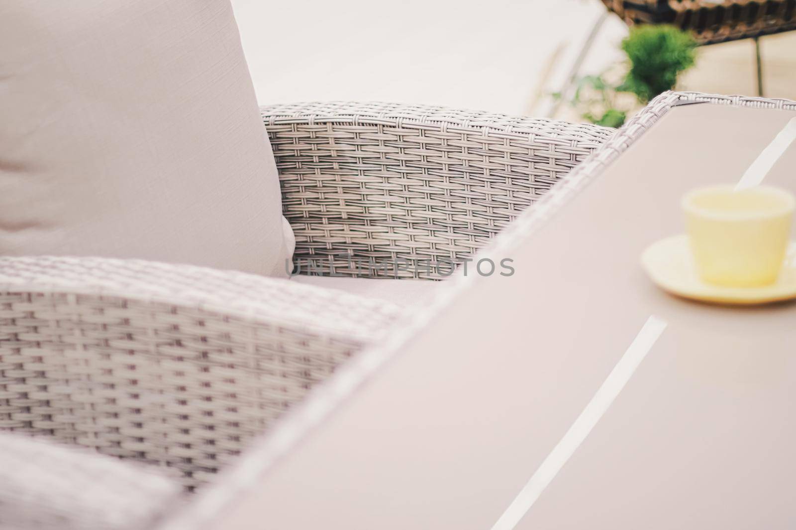 Outdoor rattan garden furniture, home decor and patio decoration closeup