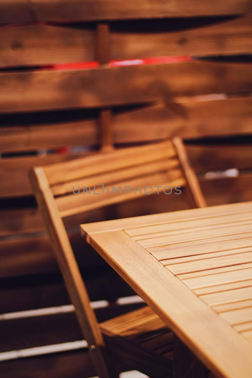 Wooden furniture as patio decoration and home decor closeup