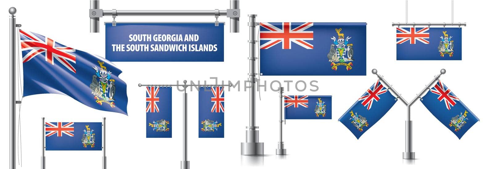 Vector set of the national flag of South Georgia and the South Sandwich Islands in various creative designs