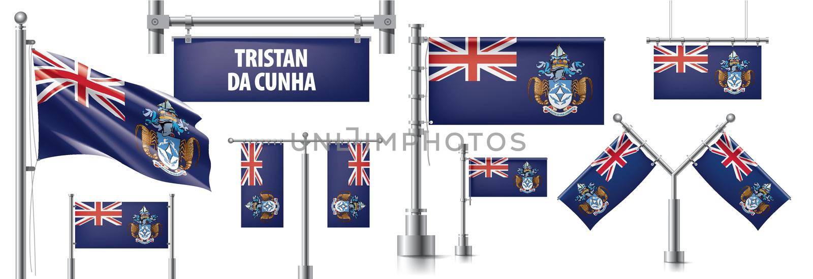 Vector set of the national flag of Tristan da Cunha in various creative designs.