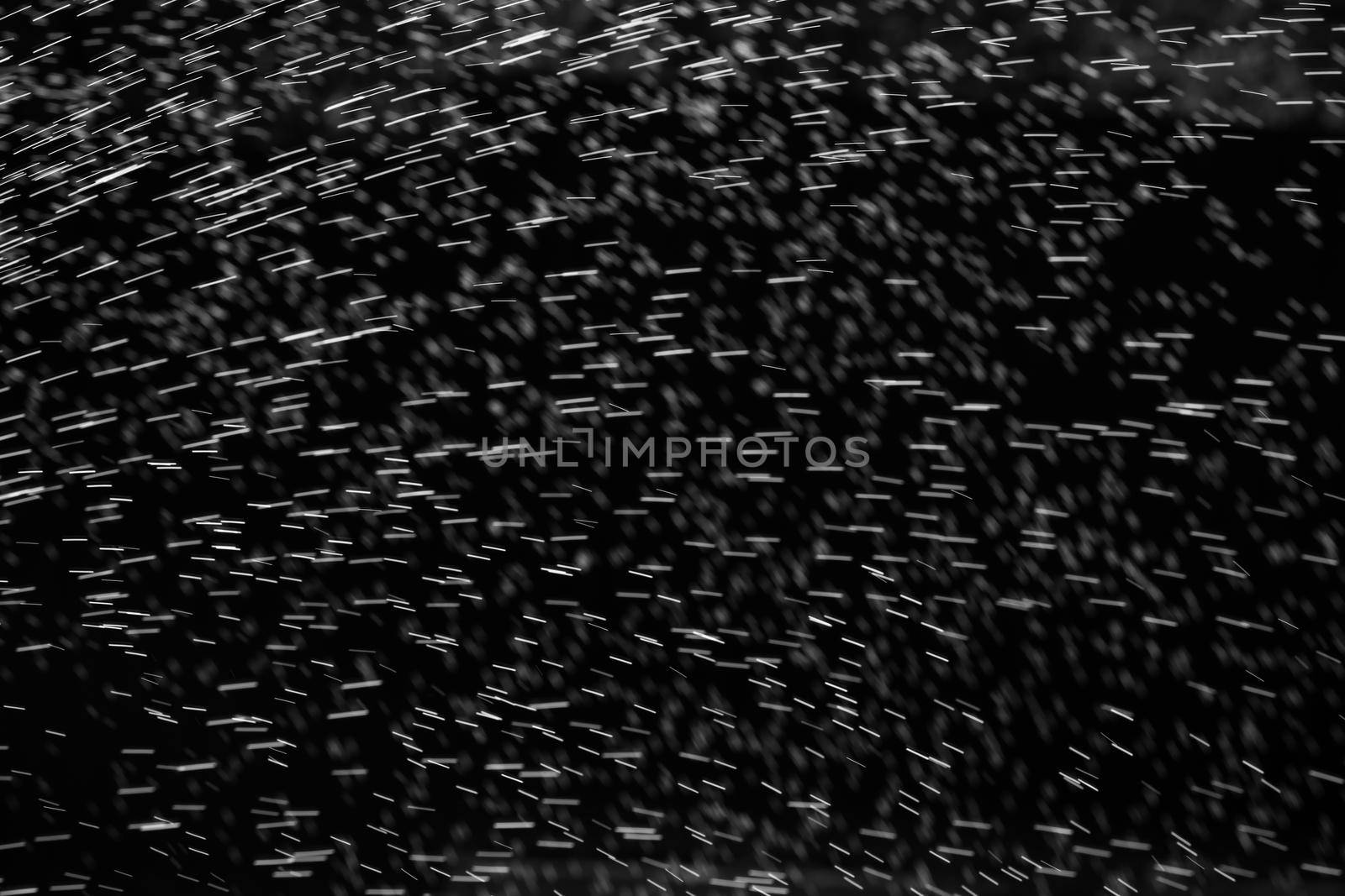 Rain on black. Abstract splashes of water on a black background for screen blending mode and photo retouching.