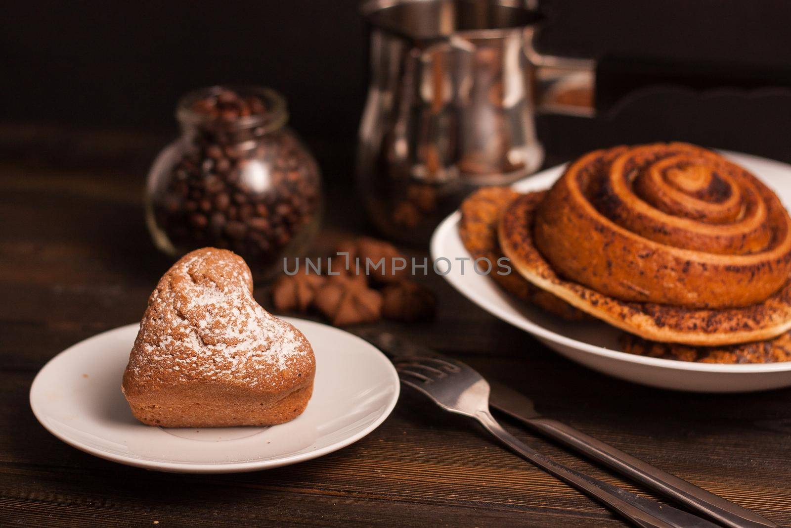 heart-shaped cookies snack coffee breakfast romance meal. High quality photo
