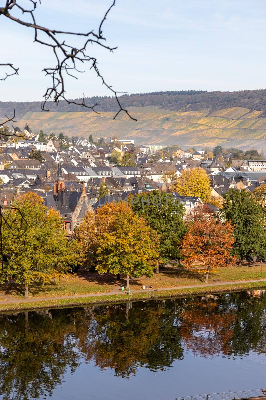 Scenic view at Bernkastel-Kues and the river Moselle in autumn with multi colored trees on a sunny day 