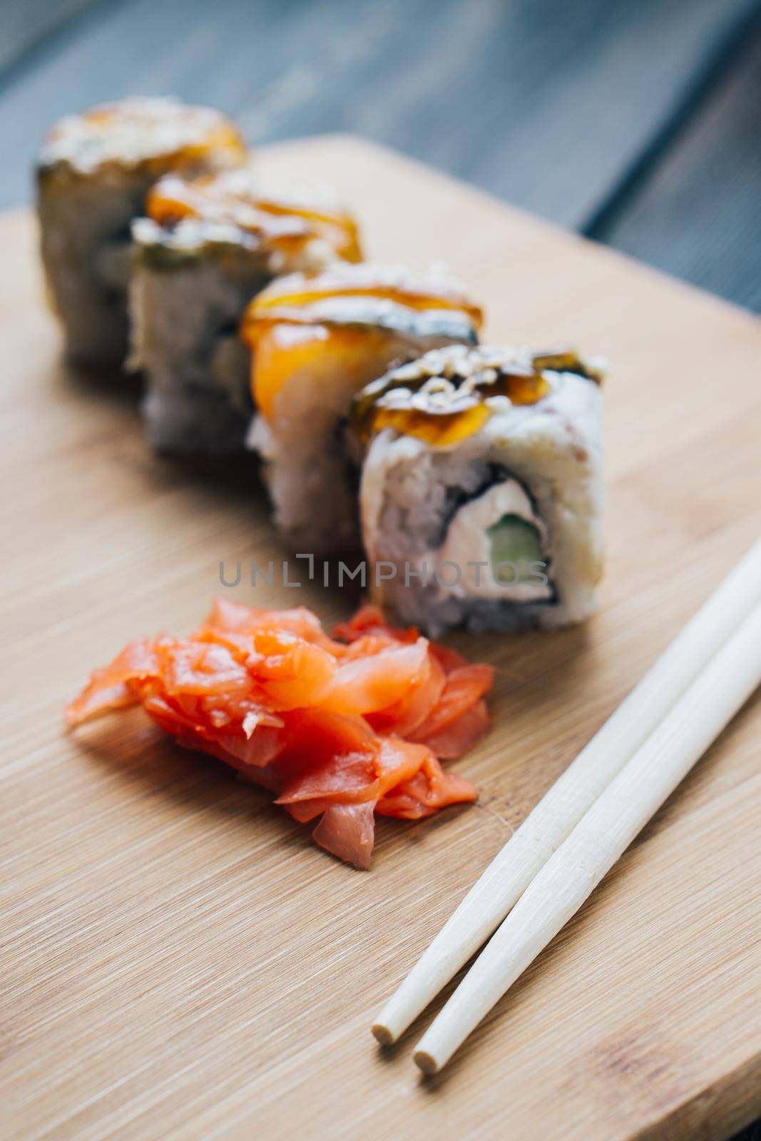 ginger sushi chopsticks wood board sauce menu restaurant. High quality photo