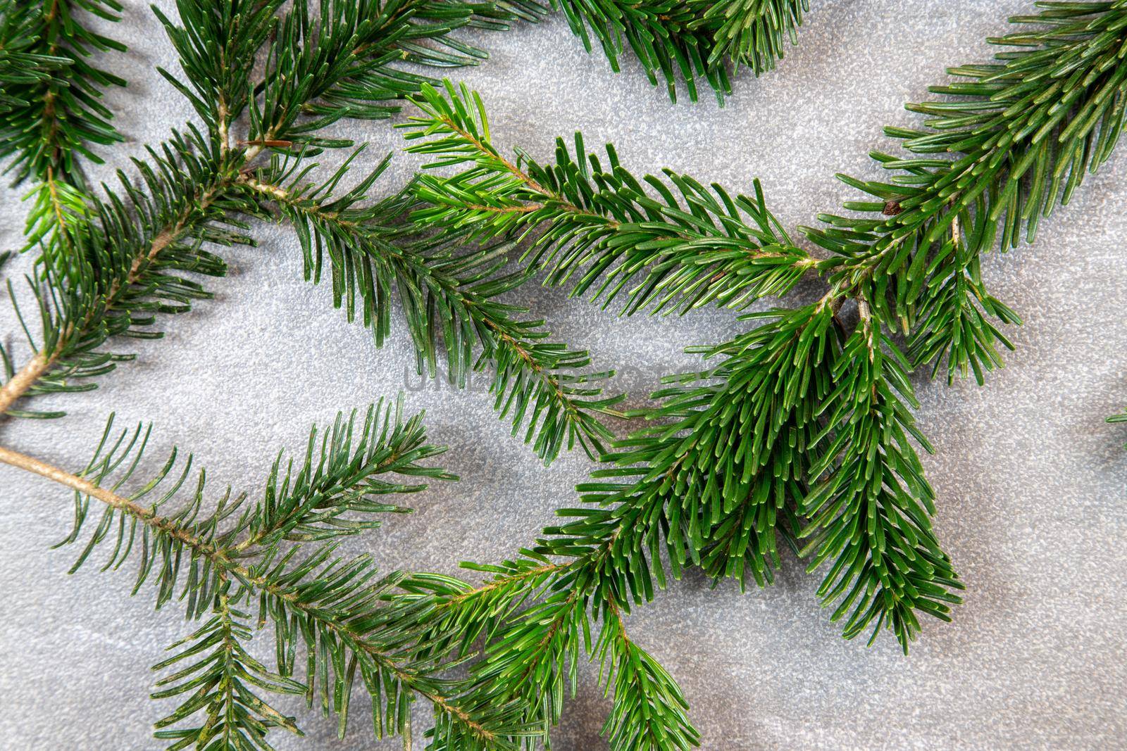 Christmas motif, texture, background with branches of a Nordmann fir on a dark grey marbled  background. by reinerc