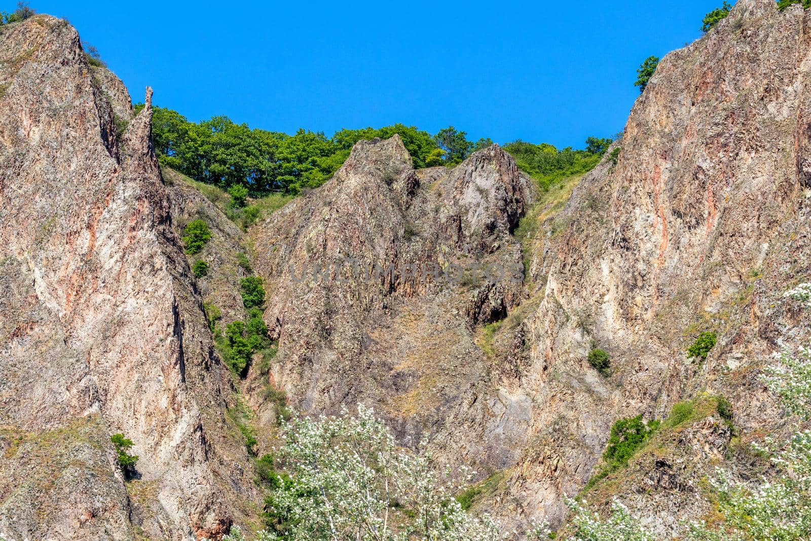 Scenic view of the rock massif Rotenfels nearby Bad Muenster am Stein Ebernburg at Nahe River