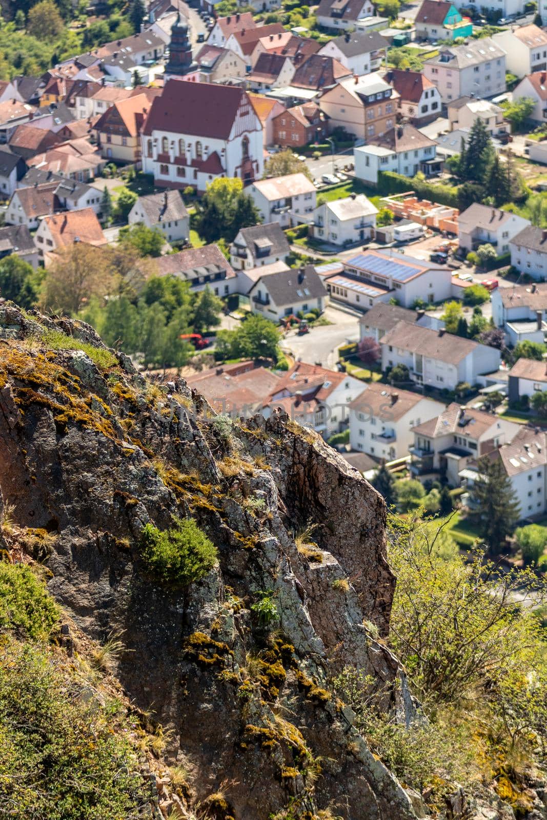 High angle view from the Rotenfels of Bad Muenster am Stein Ebernburg with rocks in the foreground