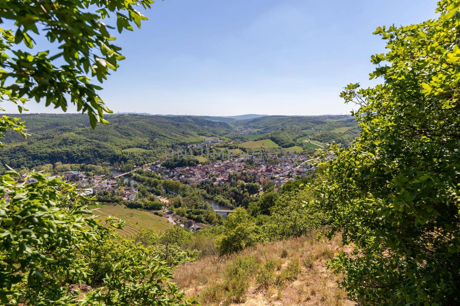 High angle view from the Rotenfels of Bad Muenster am Stein Ebernburg with the Nahe River, Germnay